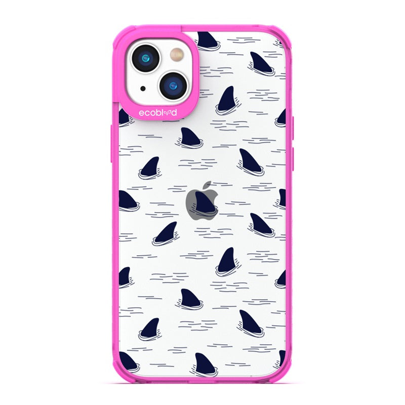 Laguna Collection - Pink Eco-Friendly iPhone 14 Case With Shark Fins Peeking From Water On A Clear Back - Compostable