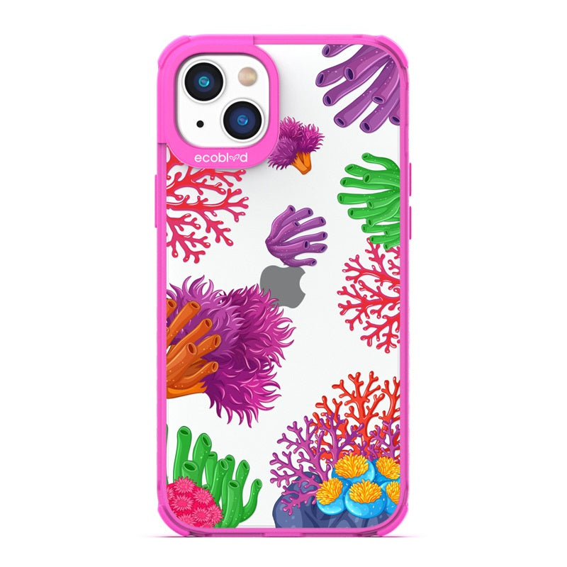 Laguna Collection - Pink Eco-Friendly Apple iPhone 14 Case With A Colorful Underwater Coral Reef Pattern On A Clear Back