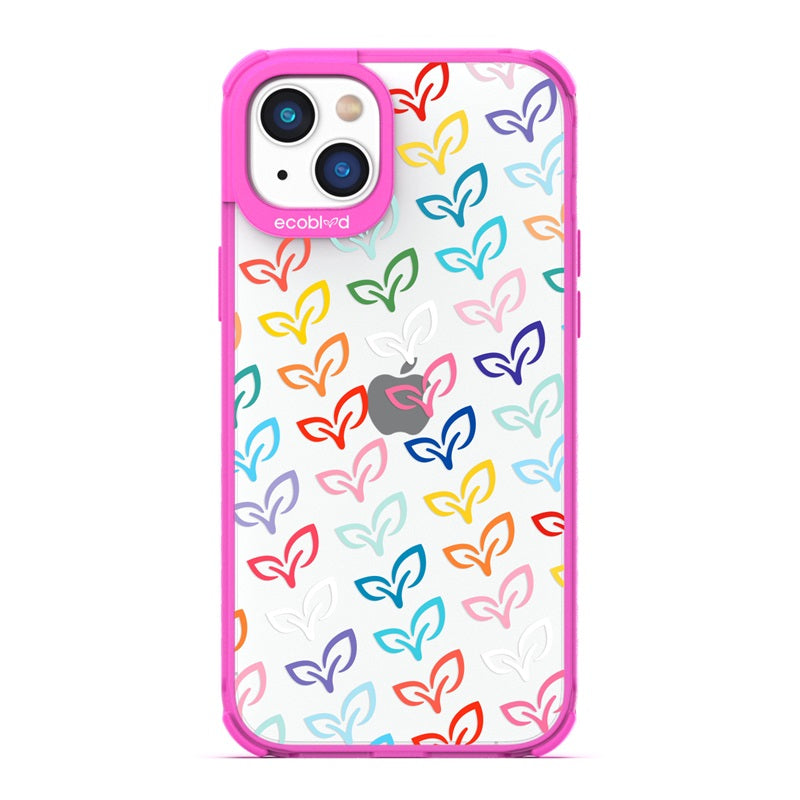 Laguna Collection - Pink Eco-Friendly iPhone 14 Case With Colorful V-Leaf Monogram Print On A Clear Back - Compostable