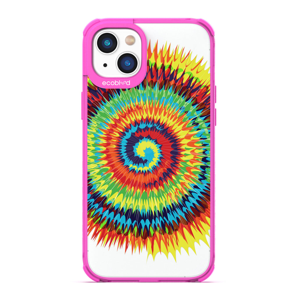 Laguna Collection - Pink Eco-Friendly iPhone 14 Case With A Retro Rainbow Tie Dye Print On A Clear Back - Compostable