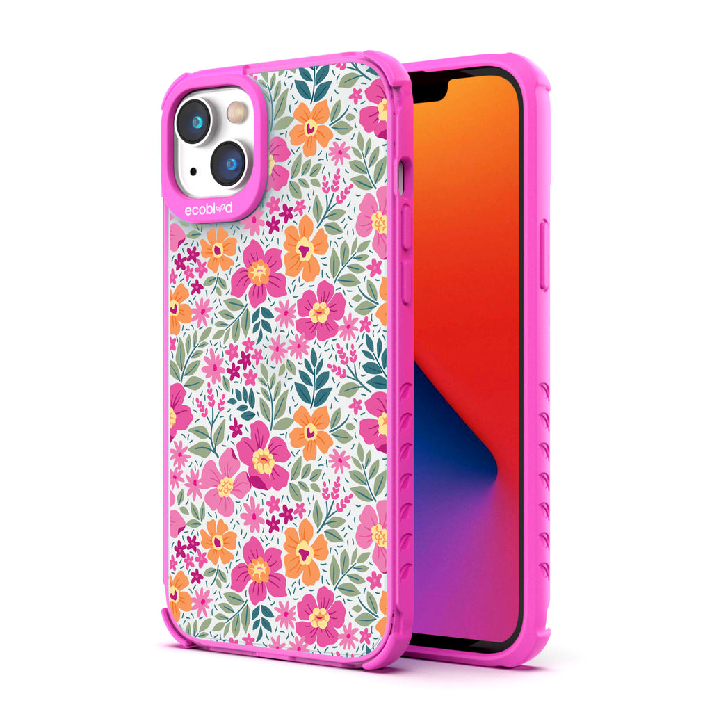 Back View Of Pink Eco-Friendly iPhone 14 Plus Clear Case With Wallflowers Design & Front View Of Screen