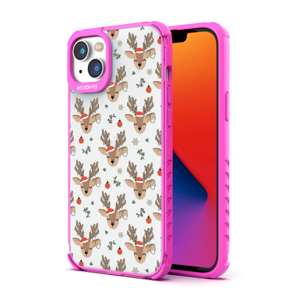 Back View Of Eco-Friendly Pink iPhone 14 Plus Winter Laguna Case With The Oh, Deer Design & Front View Of The Screen