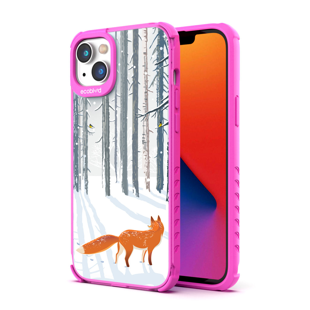 Back View Of Pink Eco-Friendly iPhone 14 Plus Clear Case With The Fox Trot In The Snow Design & Front View Of Screen
