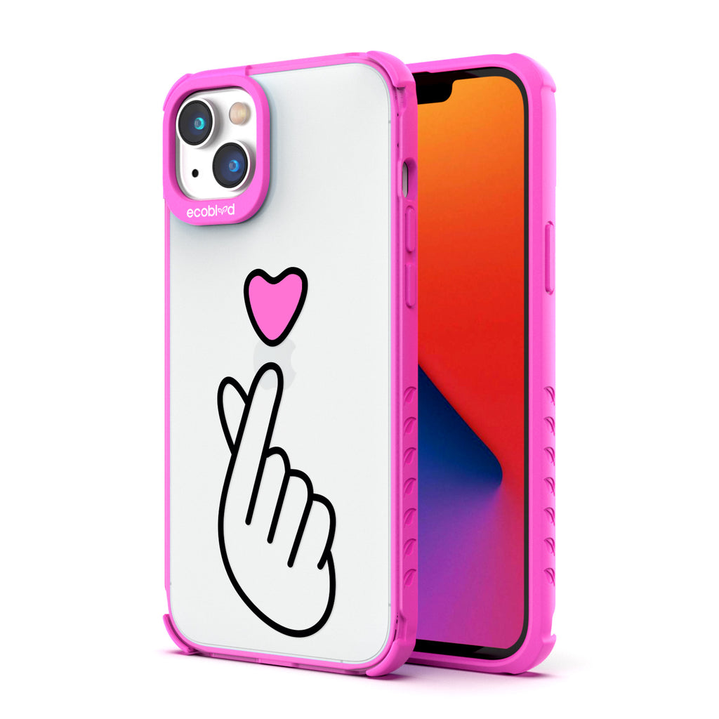 Back View Of Pink Eco-Friendly iPhone 14 Clear Case With The Finger Heart Design & Front View Of Screen