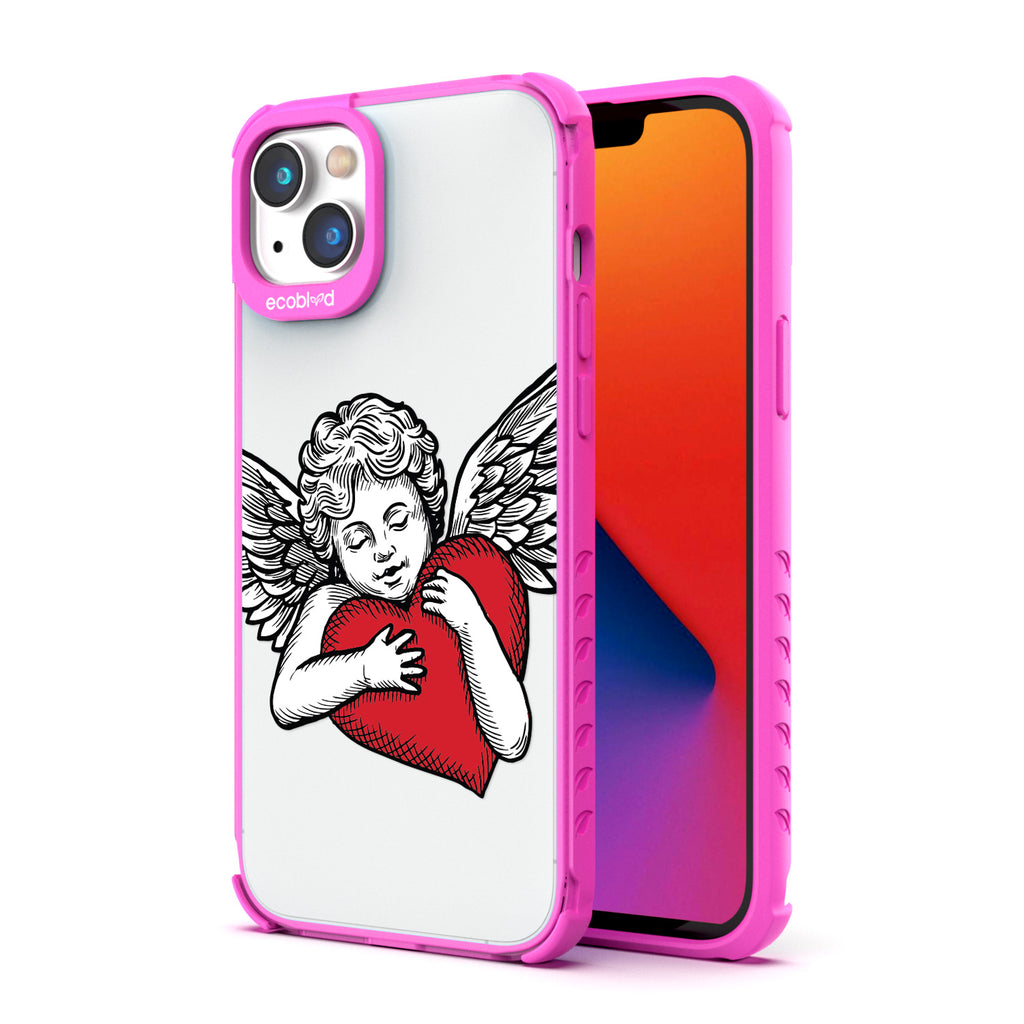 Back View Of Pink Eco-Friendly iPhone 14 Plus Clear Case With The Cupid Design & Front View Of Screen