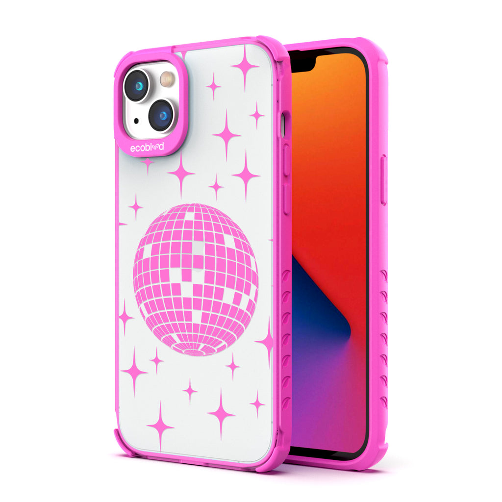 Back View Of Pink Compostable iPhone 14 Clear Case With The Disco With The Flow Design & Front View Of Screen