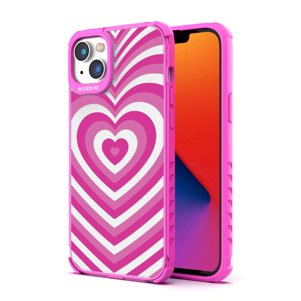 Back View Of Pink Eco-Friendly iPhone 14 Clear Case With The Tunnel Of Love Design & Front View Of Screen
