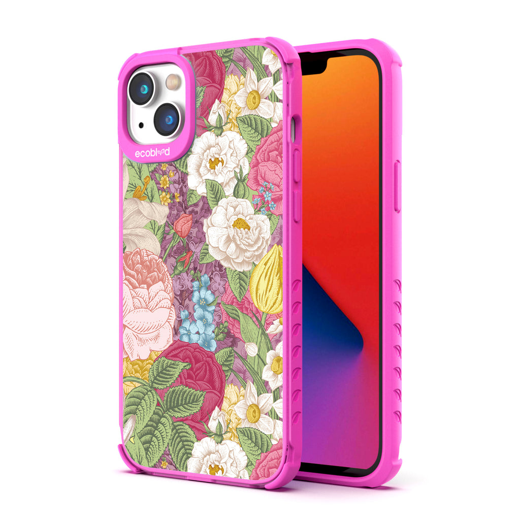 Back View Of Eco-Friendly Pink Phone 14 Timeless Laguna Case With The In Bloom Design & Front View Of The Screen