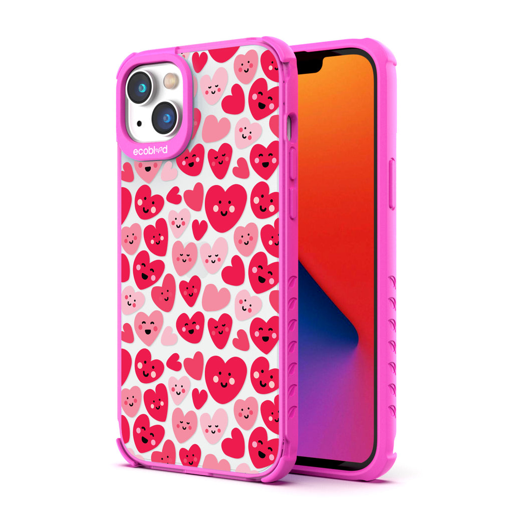 Back View Of Pink Eco-Friendly iPhone 14 Clear Case With The Happy Hearts Design & Front View Of Screen