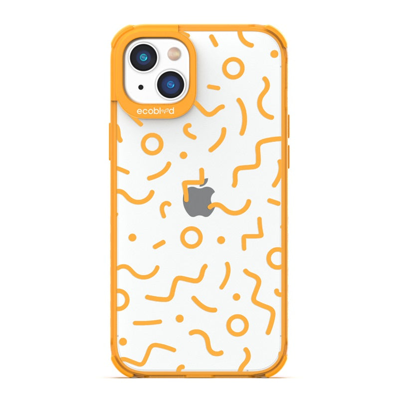 90's Kids - Yellow Eco-Friendly iPhone 14 Case with Retro 90's Lines & Squiggles On A Clear Back