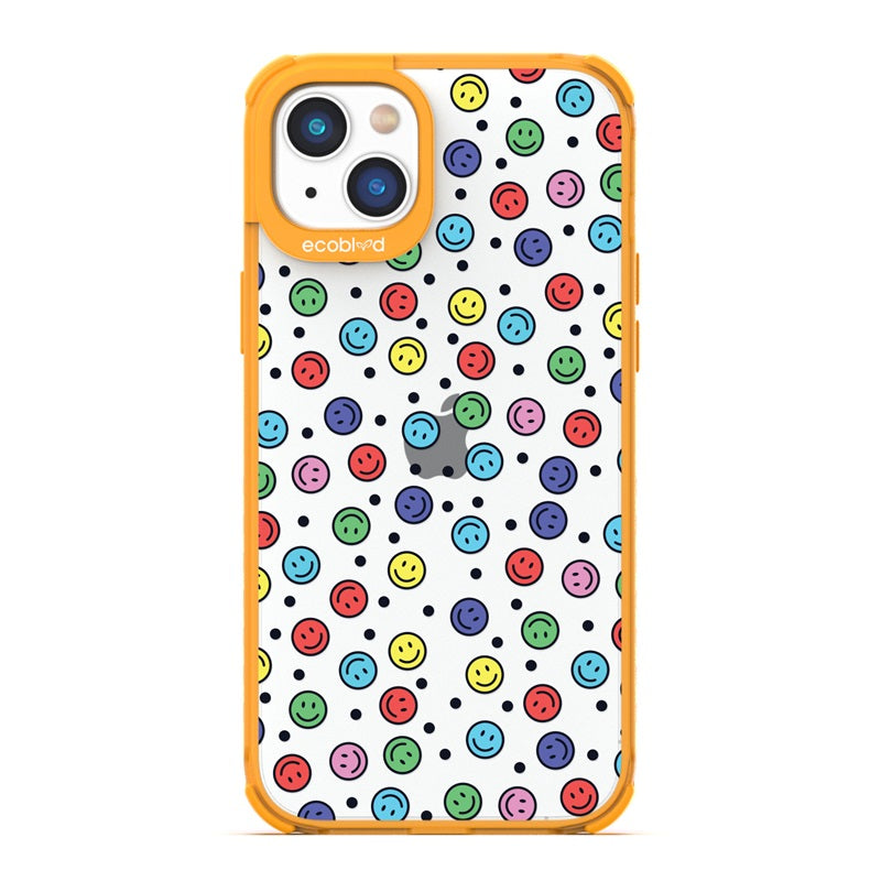Laguna Collection - Yellow Eco-Friendly iPhone 14 Case With Multicolored Smiley Faces & Black Dots On A Clear Back 