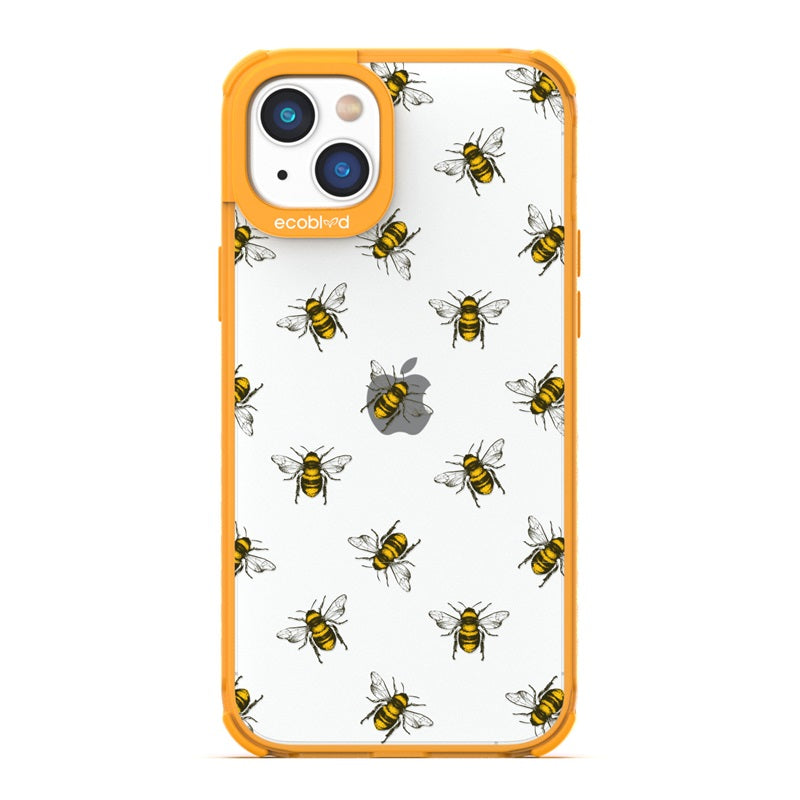 Laguna Collection - Yellow Eco-Friendly iPhone 14 Case With A Honey Bees Design On A Clear Back - Compostable
