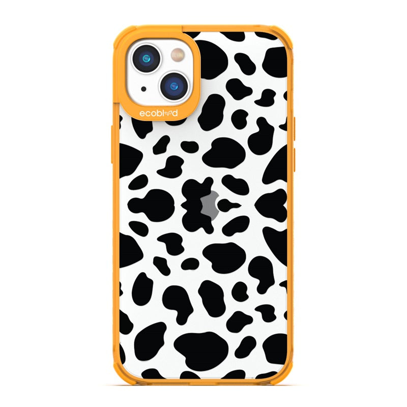 Laguna Collection - Yellow Eco-Friendly iPhone 14 Case With A Black Spot Cow Print Pattern On A Clear Back - Compostable