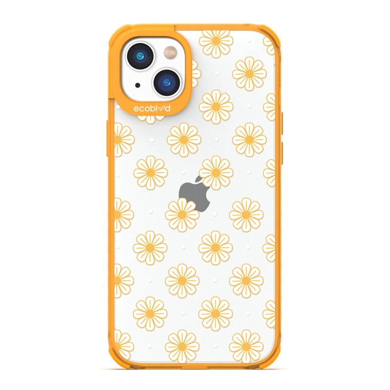 Laguna Collection - Yellow Eco-Friendly iPhone 13 Case With White Floral Pattern Daisies & Dots On A Clear Back - Compostable