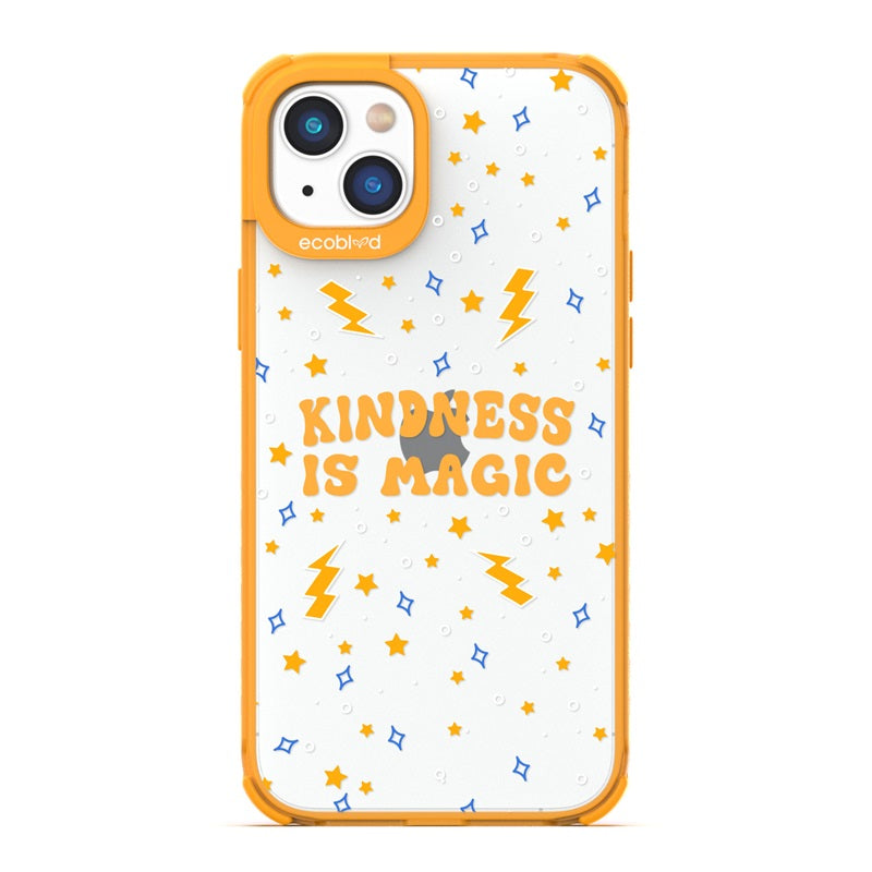 Laguna Collection - Yellow Compostable iPhone 14 Case With Kindness Is Magic, Lightning & Stars On A  Clear Back