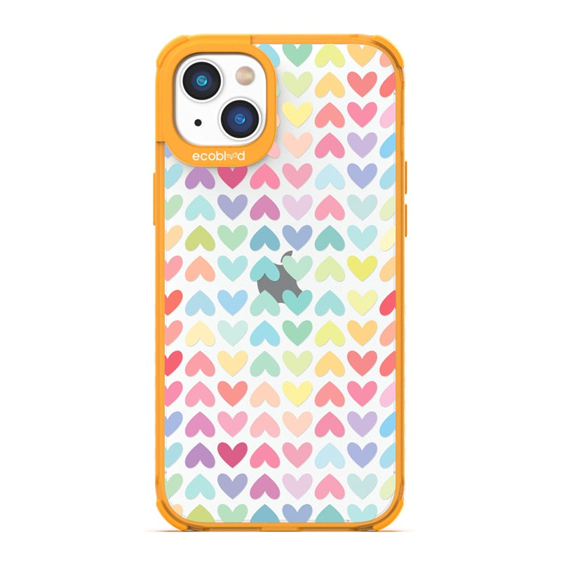 Laguna Collection - Yellow Eco-Friendly iPhone 14 Case With A Pastel Rainbow Hearts Pattern On A Clear Back - Compostable