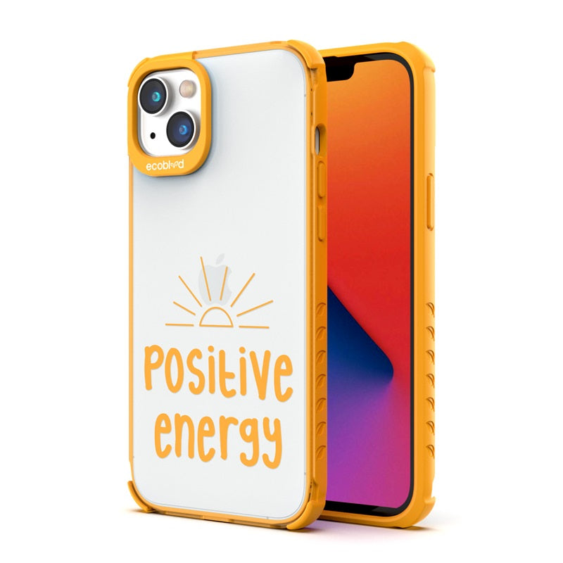 Back View Of The Yellow iPhone 14 Laguna Case With The Positive Energy Design On A Clear Back And Front View Of The Screen