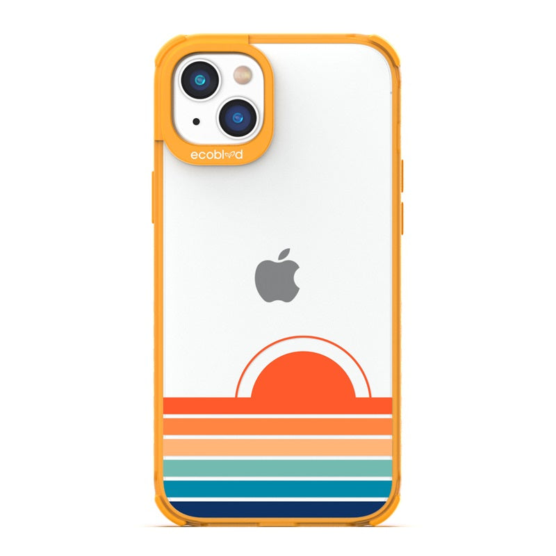 Laguna Collection - Yellow Eco-Friendly iPhone 14 Case With The Sun Rising From Rainbow Stripes On A Clear Back - Compostable