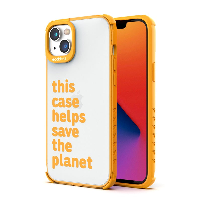 Back View Of The Yellow iPhone 14 Laguna Case With The Save The Planet Design On A Clear Back And Front View Of The Screen