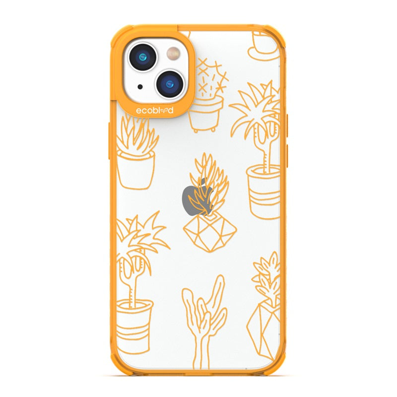 Laguna Collection - Yellow Eco-Friendly iPhone 14 Case With Line Art Succulent Garden Print On A Clear Back - Compostable