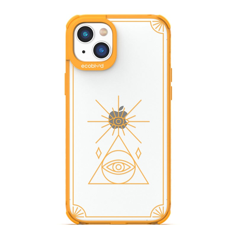 Laguna Collection - Yellow Eco-Friendly iPhone 14 Case With An All Seeing Eye Tarot Card On A Clear Back - Compostable