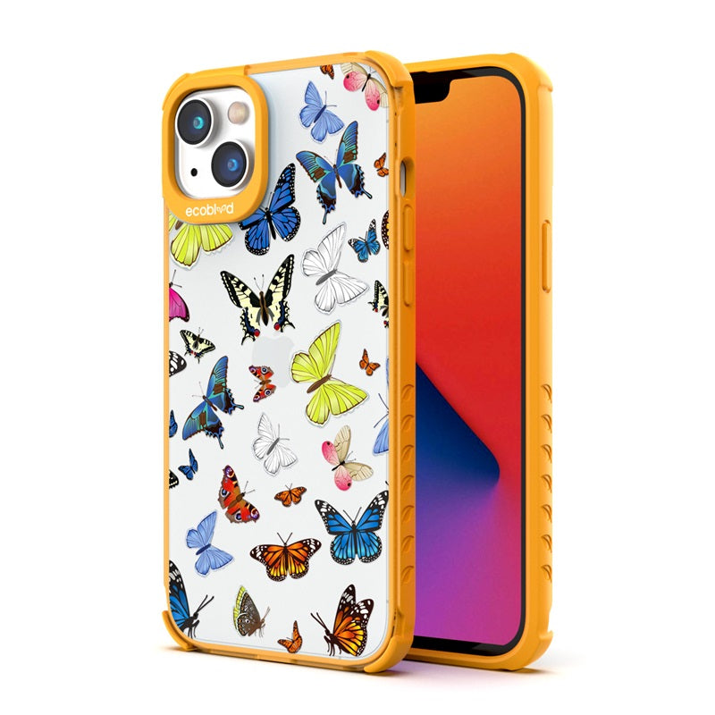 Back View Of The Yellow iPhone 14 Laguna Case With You Give Me Butterflies Design On A Clear Back And Front View Of The Screen