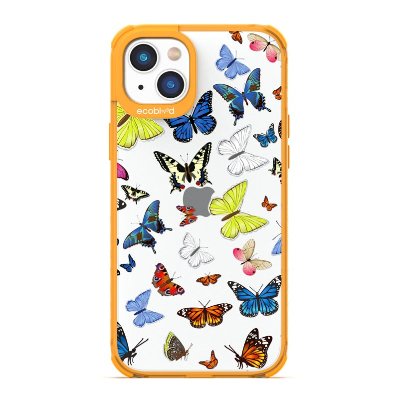 Laguna Collection - Yellow Eco-Friendly iPhone 14 Case With Multicolored Butterflies On A Clear Back - Compostable