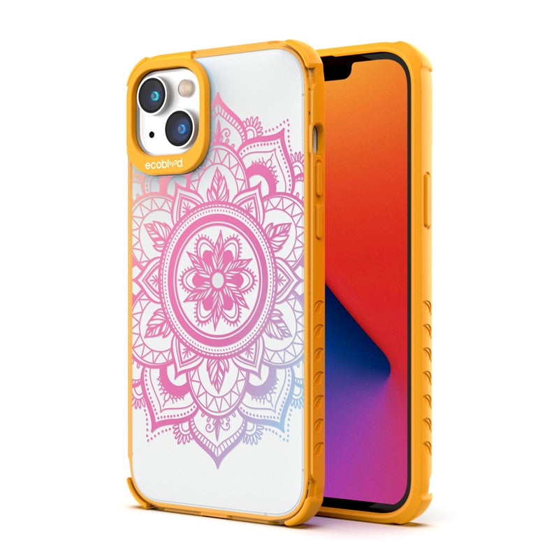 Back View Of Yellow Compostable Laguna iPhone 14 Case With Mandala Design & Front View Of Screen