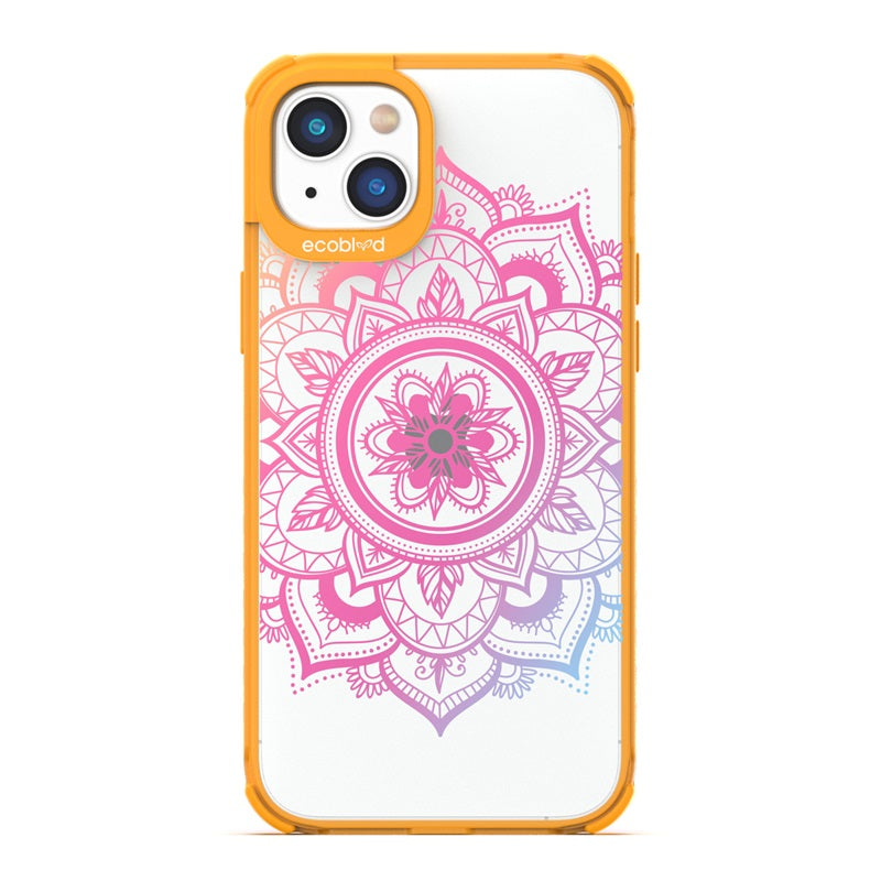 Laguna Collection - Yellow Eco-Friendly iPhone 14 Case With A Pink Gradient Lotus Flower Mandala Design On A Clear Back 