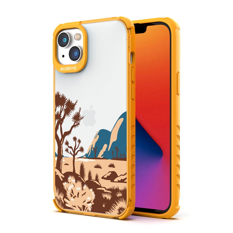 Back View Of The Yellow iPhone 14 Laguna Case With The Joshua Tree Design On A Clear Back And Front View Of The Screen