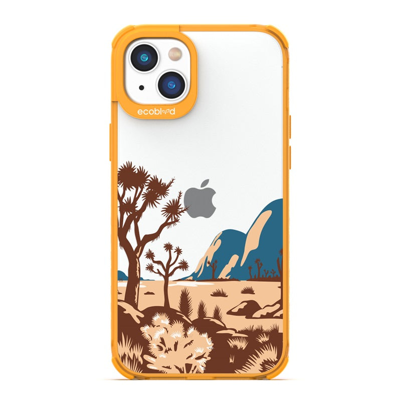 Laguna Collection - Yellow Eco-Friendly Apple iPhone 14 Case With Minimalist Joshua Tree Desert Landscape On A Clear Back