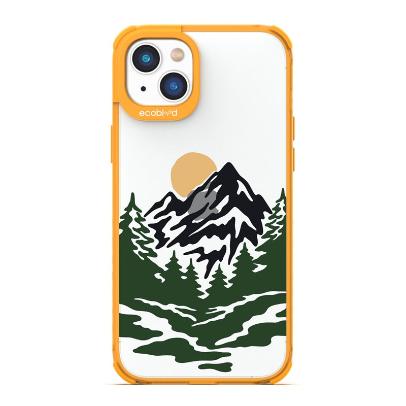 Laguna Collection - Yellow Eco-Friendly iPhone 14 Case With A Minimalist Moonlit Treelined Mountain Landscape On A Clear Back