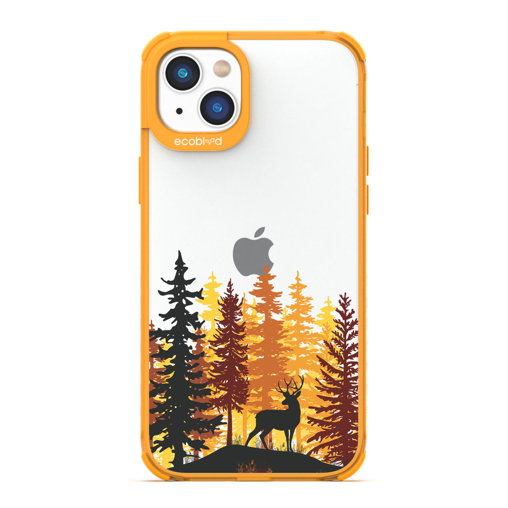 Winter Collection - Yellow Compostable iPhone 14 Case - Wild Stag Standing On Boulder In The Woods On Clear Back