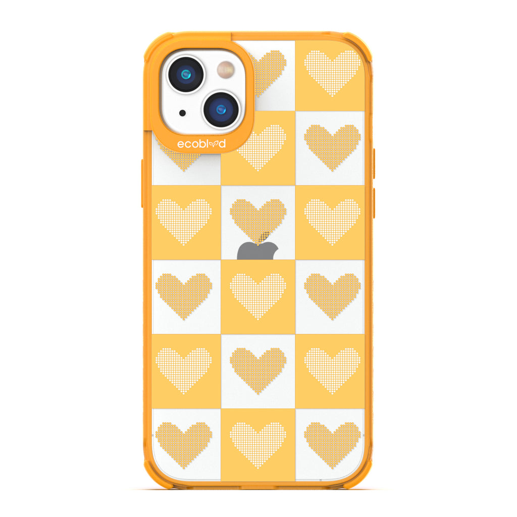 Love Collection - Yellow Compostable iPhone 14 Case - Yellow Checkered Print With Knitted Hearts On A Clear Back