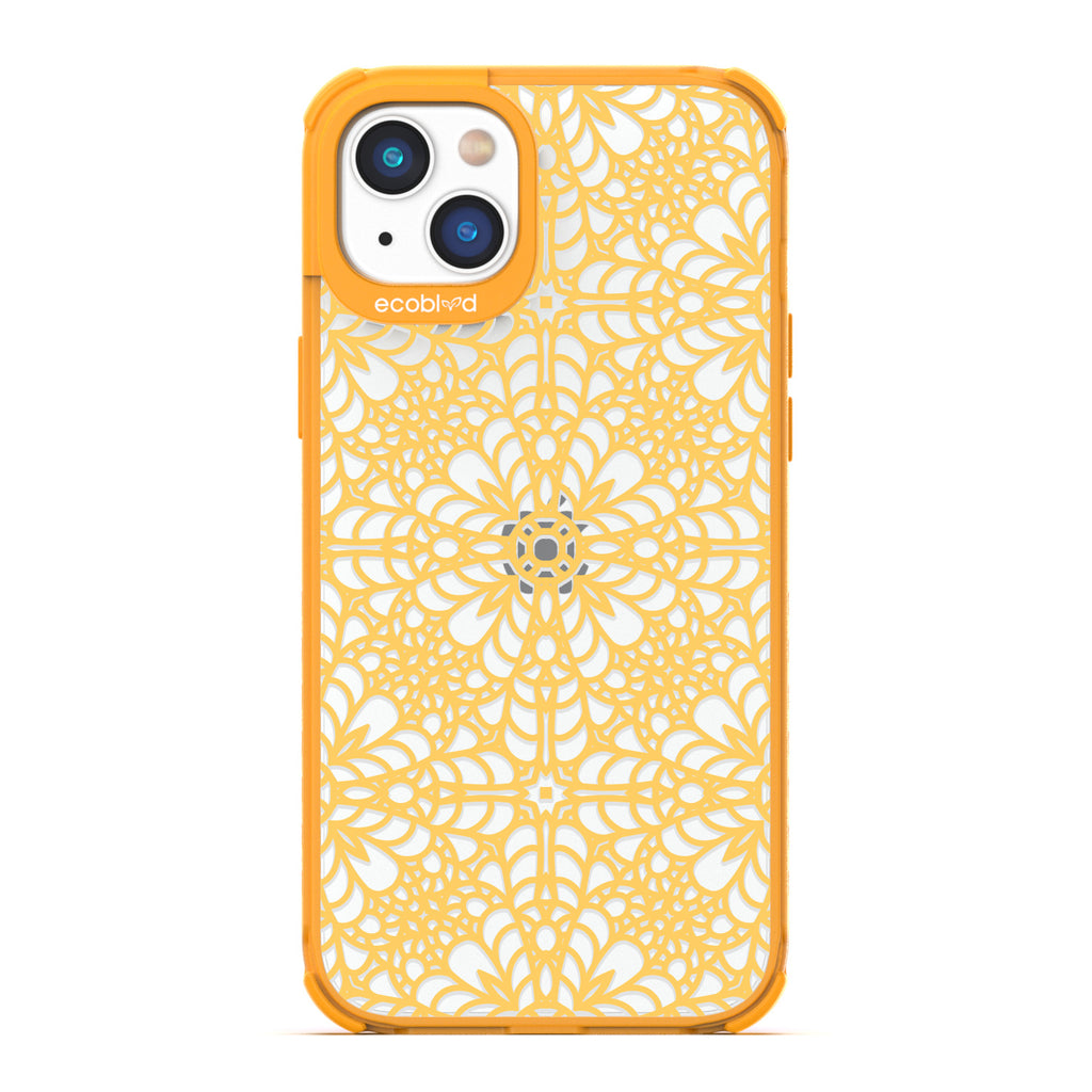 A Lil' Dainty - Yellow Compostable iPhone 14 Case - Intricate Lace Tapestry Pattern On A Clear Back