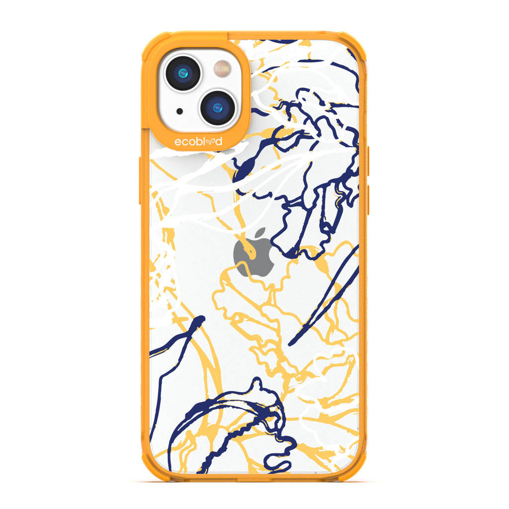 Contemporary Collection - Yellow Compostable iPhone 14 Plus Case - Minimalist Abstract Lines & Squiggles On A Clear Back