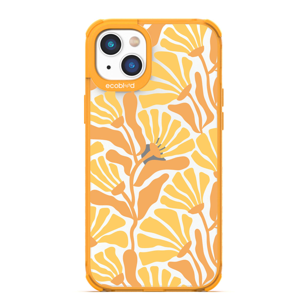 Spring Collection - Yellow Compostable iPhone 14 Plus Case - Tropical Flowers With Tan Base & Yellow Petals On A Clear Back