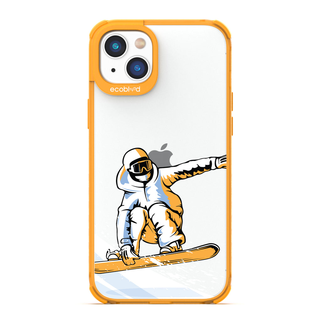 Winter Collection - Yellow Eco-Friendly iPhone 14 Case - A Snowboarder Jumps While Holding The Board On A Clear Back