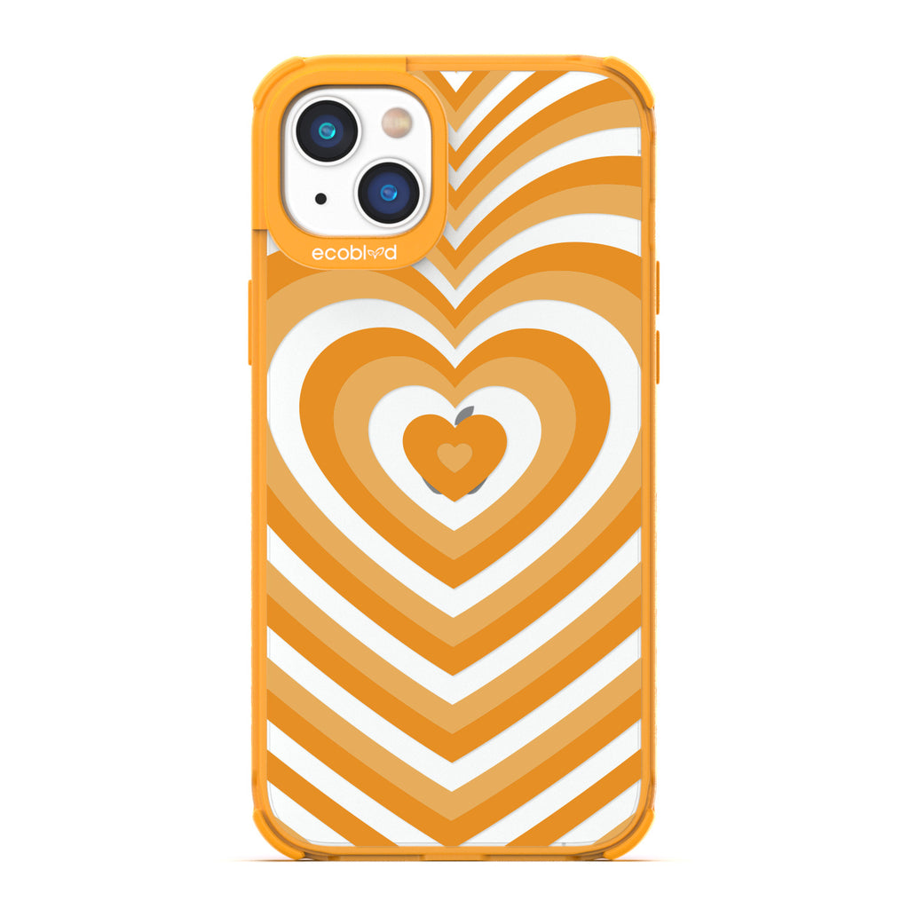Love Collection - Yellow Compostable iPhone 14 Plus Case - A Yellow Heart Gradually Growing Larger On A Clear Back