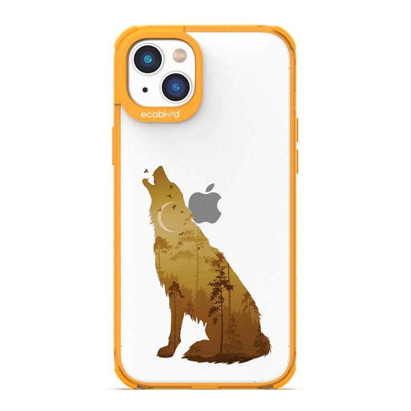 Laguna Collection - Yellow Eco-Friendly iPhone 14 Case With A Howling Wolf And Moonlit Woodlands Print On A Clear Back