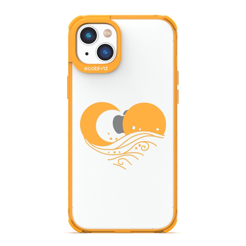 Laguna Collection - Yellow Eco-Friendly Apple iPhone 14 Case With The Sun, Moon & A Wave Forming A Heart On A Clear Back