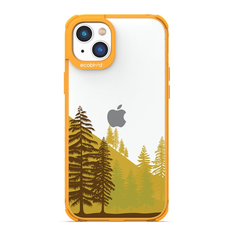 Laguna Collection - Yellow Eco-Friendly iPhone 14 Case With A Minimalist Mountainside Pine Tree Forest On A Clear Back