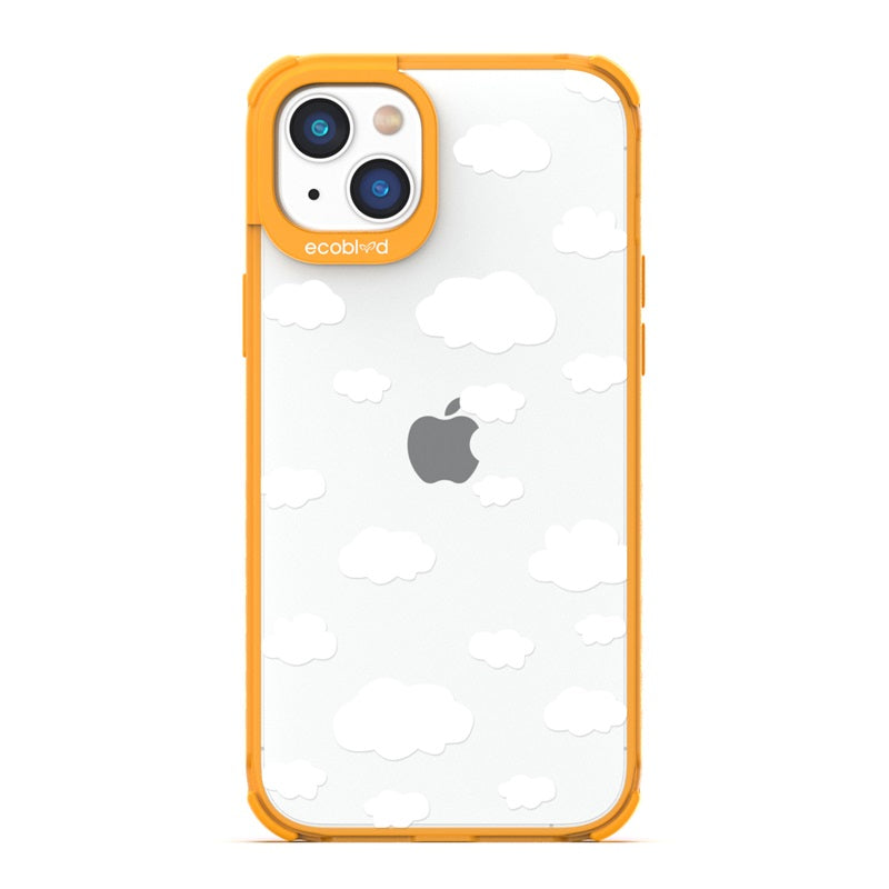 Laguna Collection - Yellow Eco-Friendly Apple iPhone 14 Case With A Fluffy White Cartoon Clouds Print On A Clear Back