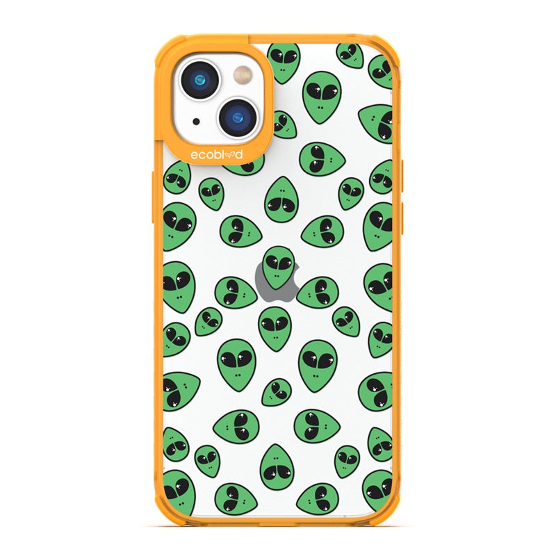 Laguna Collection - Yellow Eco-Friendly iPhone 14 Case With Green Cartoon Alien Heads On A Clear Back - Compostable 