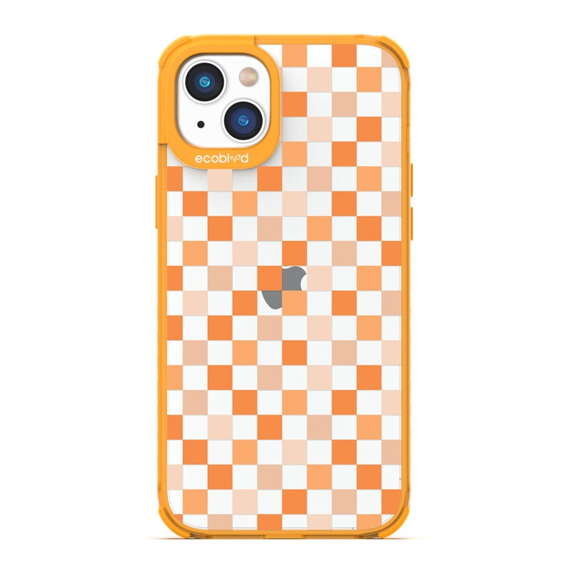 Laguna Collection - Yellow Eco-Friendly Apple iPhone 14 Case With A Checkered Print Pattern On A Clear Back 