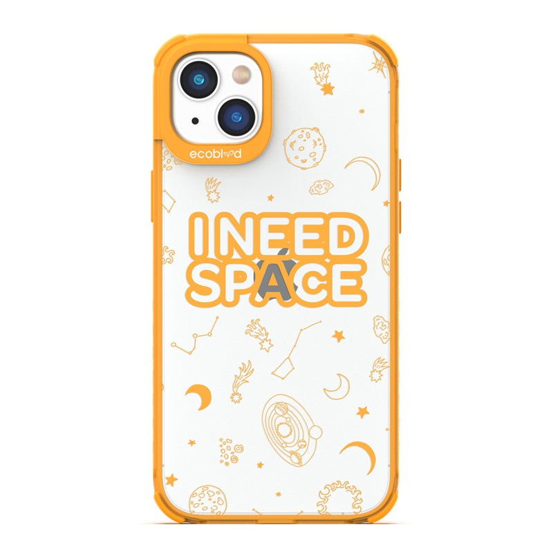 Laguna Collection - Yellow Eco-Friendly iPhone 14 Case With I Need Space, Constellations & Planets On Clear Back