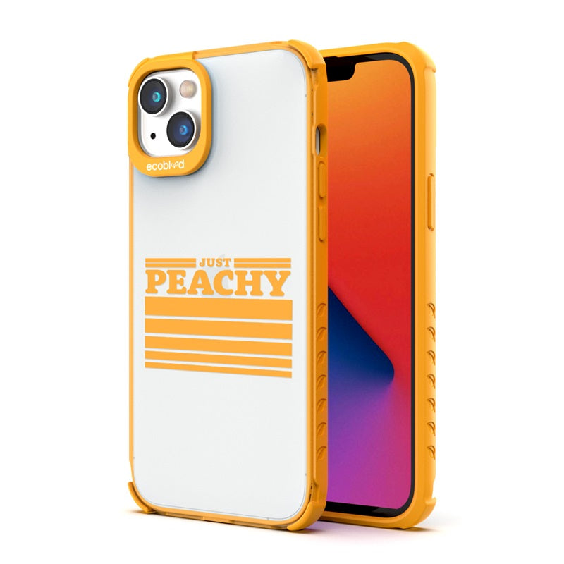 Back View Of The Yellow Compostable iPhone 14 Laguna Case With Just Peachy Design & Front View Of The Screen