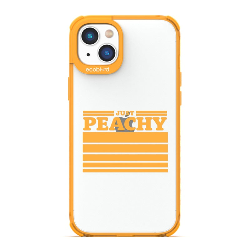 Laguna Collection - Yellow Eco-Friendly iPhone 14 Case With Just Peachy Quote & Gradient Sized Stripes On A Clear Back