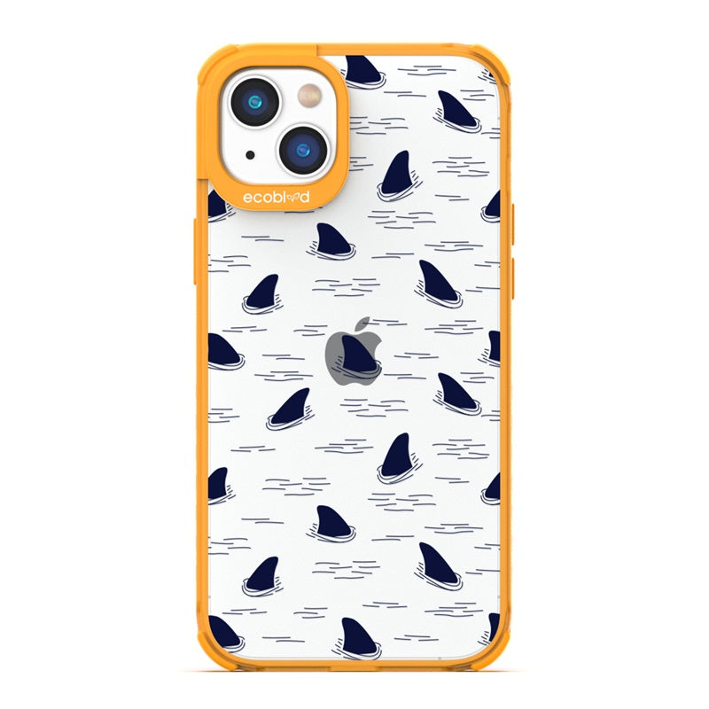 Laguna Collection - Yellow Eco-Friendly iPhone 14 Case With Shark Fins Peeking From Water On A Clear Back - Compostable