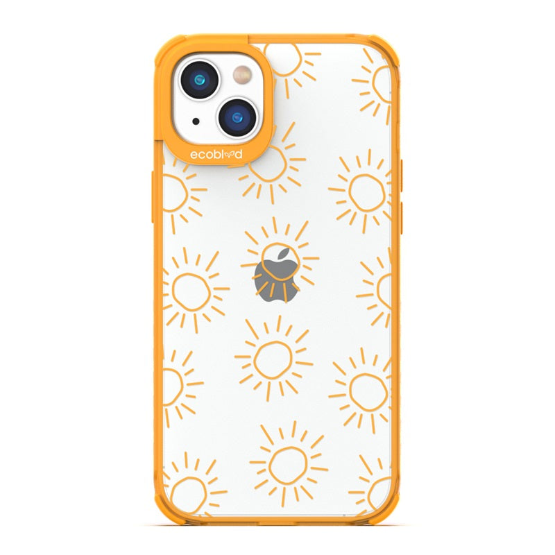 Laguna Collection - Yellow Eco-Friendly iPhone 14 Case With A Hand Drawn Sun Pattern On A Clear Back - Compostable
